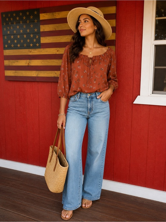 Papermoon Tops - Papermoon Rust Floral Off-the-Shoulder Tie-Front Blouse